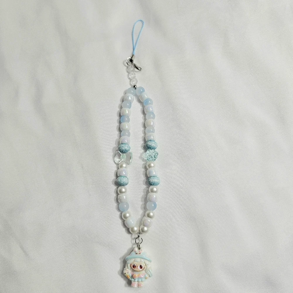 Cute Pastel Blue Girly Dainty Elegant Beaded Labubu Phone Charm or Wrist Strap